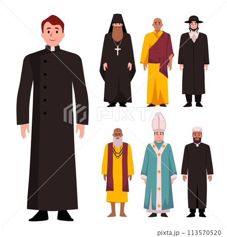 Priests or preachers of different religions, flat vector illustrations isolated. Priests or preachers of different religions, flat vector illustrations isolated. 113570520