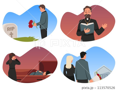 Funeral cemetery ceremony vector illustration set, grave with mourning people, coffin with dead, priest burial service 113570526