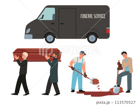 Funeral service, set of vector illustration isolated on white, flat cartoon. 113570527