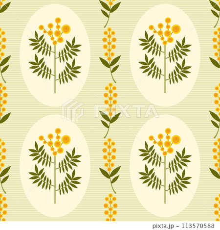 Symmetrical floral vector seamless pattern. Stylized yellow Mimosa flowers and leaves on green background. Australian Wattle plant drawn with brush texture. Repeated retro tile for wallpaper, fabric Symmetrical floral vector seamless pattern. Stylized yellow Mimosa flowers and leaves on green background. Australian Wattle plant drawn with brush texture. Repeated retro tile for wallpaper, fabric 113570588