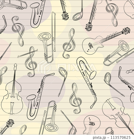 Music instruments elements sax trombone guitar notes bass doodle cartoon line art design abstract. 113570625