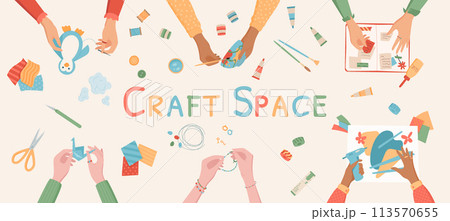 Creative DIY hands art class top view collection, handmade origami hobby group vector illustration, colorful painting craft banner, children making handicraft workshop background. Creative DIY hands art class top view collection, handmade origami hobby group vector illustration, colorful painting craft banner, children making handicraft workshop background. 113570655