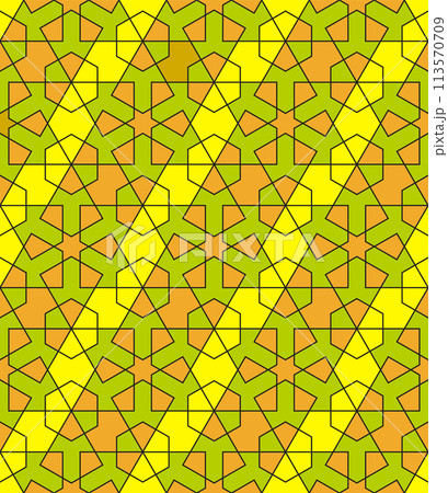 Seamless arabic geometric ornament in green orange and yellow colors. 113570709