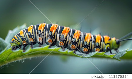 Caterpillar Feeding on Leaf Close-up 113570834