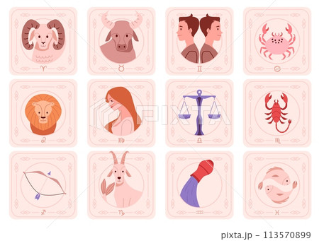 Zodiac signs, set of cards with cartoon style vector illustrations 113570899