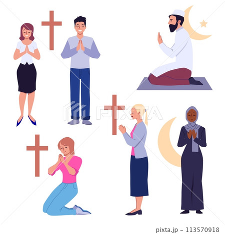 Prayers of various religions explore holy practices, flat vector isolated. 113570918