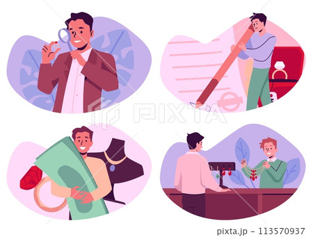 People in pawnshop, set of cartoon style vector illustration on white 113570937