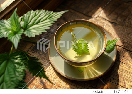 Food photography - nettle tea on wood background 113571145