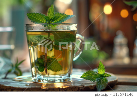 Food photography - nettle tea on wood background 113571146