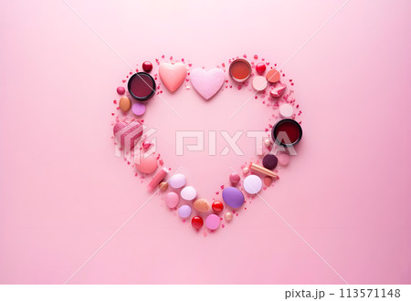 Heart shape of set of different various cosmetic eye shadows, soap, lipstick, body gel or cream, lip gel, balm, balsam. Beauty products for personal care. Organic cosmetics, eyeshadow, pink background 113571148