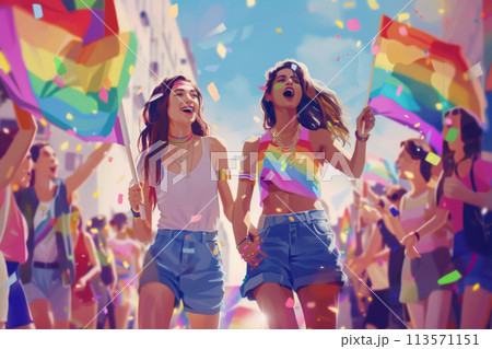 Pride concept - same gender couple during pride parade 113571151