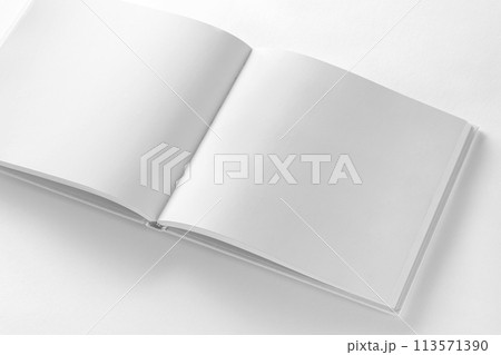 Mockup of opened blank square book at white design paper background. 113571390
