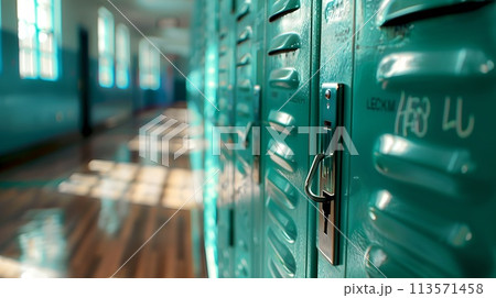 Sunlit School Corridor with Row of Green Lockers, Empty Educational Facility, Quiet Study Environment, Morning in Academic Institution, Life Without Students, Peaceful Hallway. AI 113571458