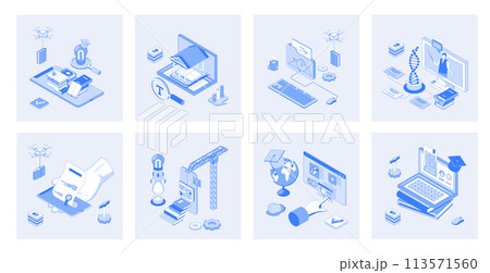 Online education 3d isometric concept set with isometric icons design for web. Collection of virtual library, reading books, e-learning platform, video lessons, science learning. Vector illustration 113571560
