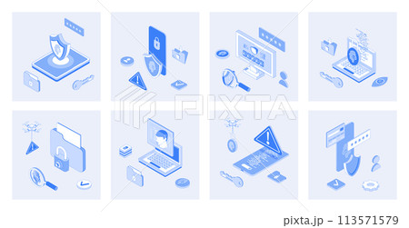 Cyber security 3d isometric concept set with isometric icons design for web. Collection of fingerprint scan verification, password lock access, hacker attack guarding software. Vector illustration Cyber security 3d isometric concept set with isometric icons design for web. Collection of fingerprint scan verification, password lock access, hacker attack guarding software. Vector illustration 113571579