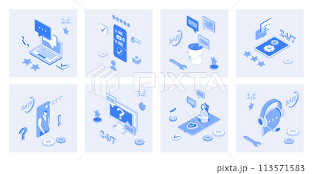 Customer support 3d isometric concept set with isometric icons design for web. Collection of clients chat or call, solving problems online, technical solution center with feedback. Vector illustration Customer support 3d isometric concept set with isometric icons design for web. Collection of clients chat or call, solving problems online, technical solution center with feedback. Vector illustration 113571583
