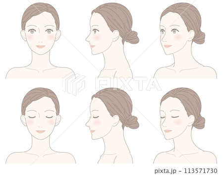 女性　正面顔　横顔　斜め顔セット（チークあり） 113571730