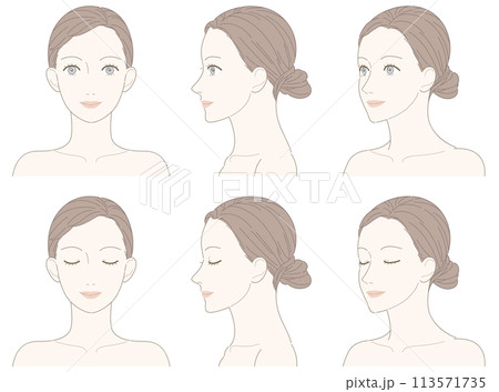 女性 正面顔 横顔 斜め顔セット（チークなし）のイラスト素材