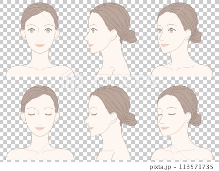 女性　正面顔　横顔　斜め顔セット（チークなし） 113571735
