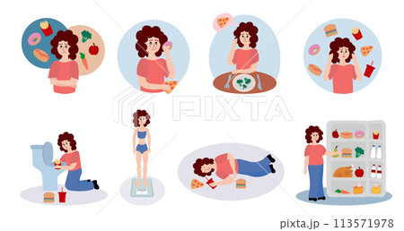 Eating disorder. Sad woman worries about being overweight. Overeating, bulimia, anorexia. Food addiction concept. Rejection of yourself. Set of vector illustrations in flat cartoon style. Eating disorder. Sad woman worries about being overweight. Overeating, bulimia, anorexia. Food addiction concept. Rejection of yourself. Set of vector illustrations in flat cartoon style. 113571978
