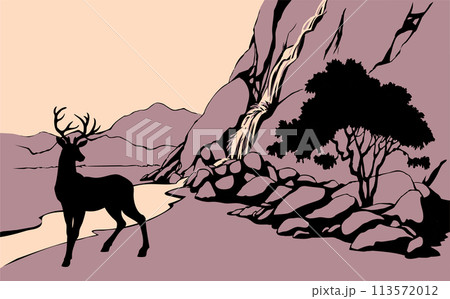 Vector landscape. Deer near a mountain stream 113572012