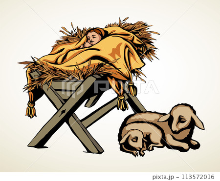 Vector drawing. Baby in a manger 113572016