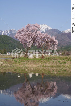 信州　安曇野　観光名所　常念道祖神　北アルプス常念岳をバックに　安曇野人気撮影ポイントのひとつ 113572032