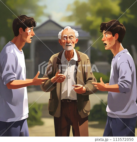 言い争っている若者を仲裁する高齢者 113572050