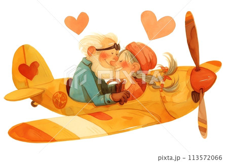 Elderly couple sharing a tender kiss on a classic airplane 113572066