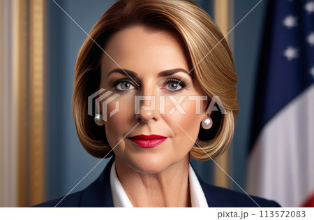Elegant portrait of a sophisticated woman with a commanding presence 113572083