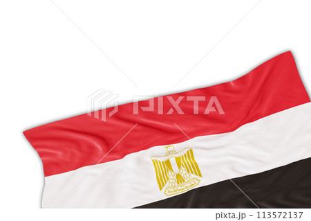 Realistic Egypt flag with folds, isolated on white background. Footer, corner design element. Perfect for patriotic themes or national event promotions. Empty, copy space. 3D render. Realistic Egypt flag with folds, isolated on white background. Footer, corner design element. Perfect for patriotic themes or national event promotions. Empty, copy space. 3D render. 113572137