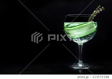 Fresh cocktail. Gin and tonic drink with ice at a party 113572196