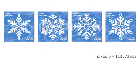 Set of Merry Christmas and Happy New Year festive blue square design with snowflake and greeting text. Xmas, celebration concept. For poster, banner, flyer, social media. Vector illustration. 113572915