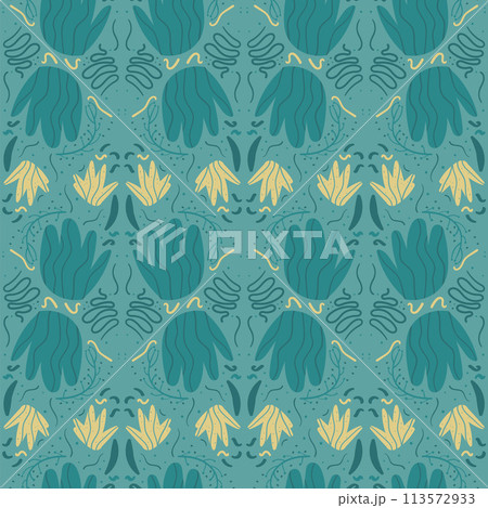 Floral geometric stylized retro abstract seamless pattern. Flowers elements tiled loop ornament. Vector hand drawn illustration. 113572933