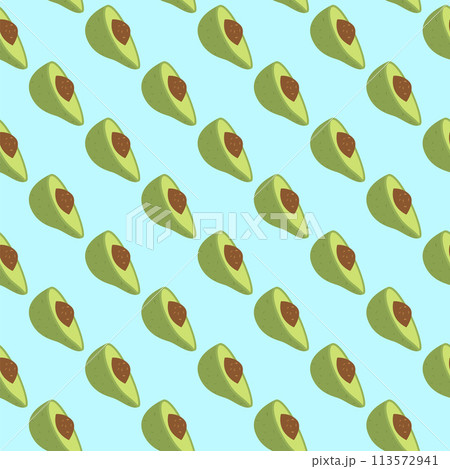 Half avocado seamless pattern. Tropical fresh fruit endless background. Vibrant avocado elements repeat cover. Healthy vegan food loop ornament. Vector hand drawn illustration. Half avocado seamless pattern. Tropical fresh fruit endless background. Vibrant avocado elements repeat cover. Healthy vegan food loop ornament. Vector hand drawn illustration. 113572941