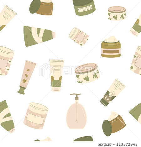 Cleansing and moisturizing body skincare seamless pattern. Beauty products endless background. Skin, body cosmetics bottles, containers and tubes. Flat vector illustration Cleansing and moisturizing body skincare seamless pattern. Beauty products endless background. Skin, body cosmetics bottles, containers and tubes. Flat vector illustration 113572948