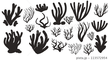 Coral reef black silhouette set isolated on white background. Sea underwater elements. Vector simple illustration 113572954
