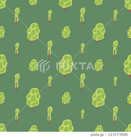 Summer forest landscape seamless pattern. Trees endless background. Park repeat cover. Nature environment loop ornament. Vector hand drawn illustration. Summer forest landscape seamless pattern. Trees endless background. Park repeat cover. Nature environment loop ornament. Vector hand drawn illustration. 113573006