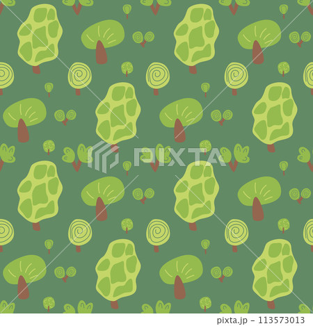 Summer forest landscape seamless pattern. Trees and bushes endless background. Park repeat cover. Nature environment loop ornament. Vector hand drawn illustration. 113573013