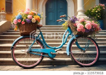colorful bicycle with flowers, in pastel colors colorful bicycle with flowers, in pastel colors 113573018