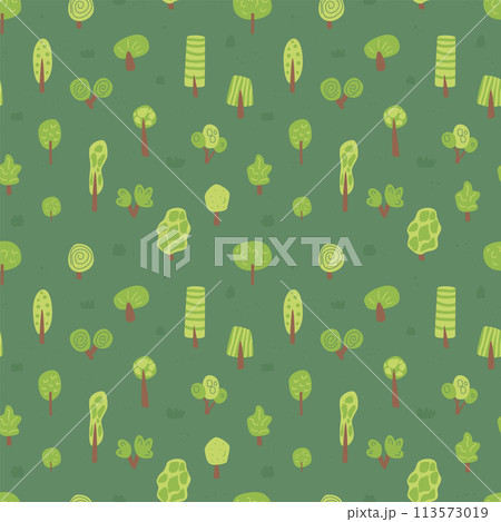 Forest landscape seamless pattern. Trees endless background. Park summertime repeat cover. Nature environment loop ornament. Vector hand drawn illustration. 113573019