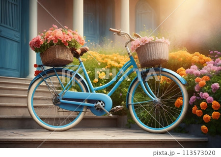 colorful bicycle with flowers, in pastel colors colorful bicycle with flowers, in pastel colors 113573020