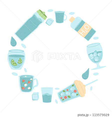Circle of summer soft drinks and water in different containers isolated on white background. Fresh clean and aroma liquid round composition. Healthy beverage with fruit, ice lemon, berry. Vector Circle of summer soft drinks and water in different containers isolated on white background. Fresh clean and aroma liquid round composition. Healthy beverage with fruit, ice lemon, berry. Vector 113573029