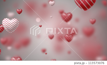 3D White and red hearts with a pattern on a soft pink background fly up. Lovers, Romantic love vignette. Abstract background with heart. 8k wallpaper. 4k screensaver. 113573076