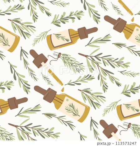 Rosemary essential oil seamless pattern. Amber glass dropper bottle of oil with fresh herb branch green leaves repeat background. Aromatherapy loop decoration. Vector hand drawn illustration. 113573247