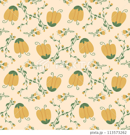 Yellow wildflowers with leaves seamless pattern. Crocus endless background. Flower and foliage loop tiled ornament Summer botanic repeat cover. Vector hand drawn illustration. Yellow wildflowers with leaves seamless pattern. Crocus endless background. Flower and foliage loop tiled ornament Summer botanic repeat cover. Vector hand drawn illustration. 113573262