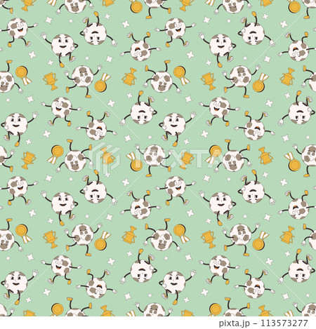 Soccer balls with cup and medal seamless pattern. Football retro cartoon endless background. Groovy mascot repeat cover. Sport championship loop ornament. Vector illustration. 113573277
