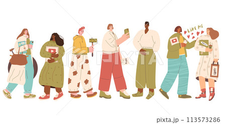 Blogger characters set. Modern young women and men with camera and laptops isolated on white background. Teenager creating content for vlog. Blog and social media influencer. Vector flat illustration. 113573286