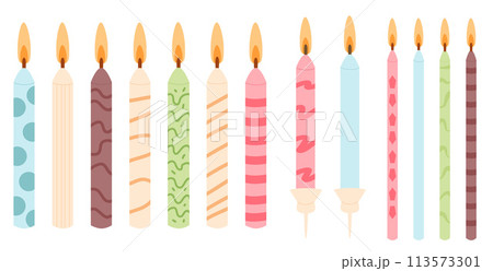 Burning birthday cake candles isolated on white background. Various ornament holiday event elements. Vector hand drawn illustration. Burning birthday cake candles isolated on white background. Various ornament holiday event elements. Vector hand drawn illustration. 113573301