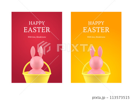 Easter holiday bunny toy basket 3d greeting card set design template realistic vector illustration Easter holiday bunny toy basket 3d greeting card set design template realistic vector illustration 113573515